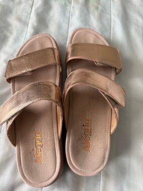 Alegria Rose Gold Metallic Double-Strap Slide platform Sandals